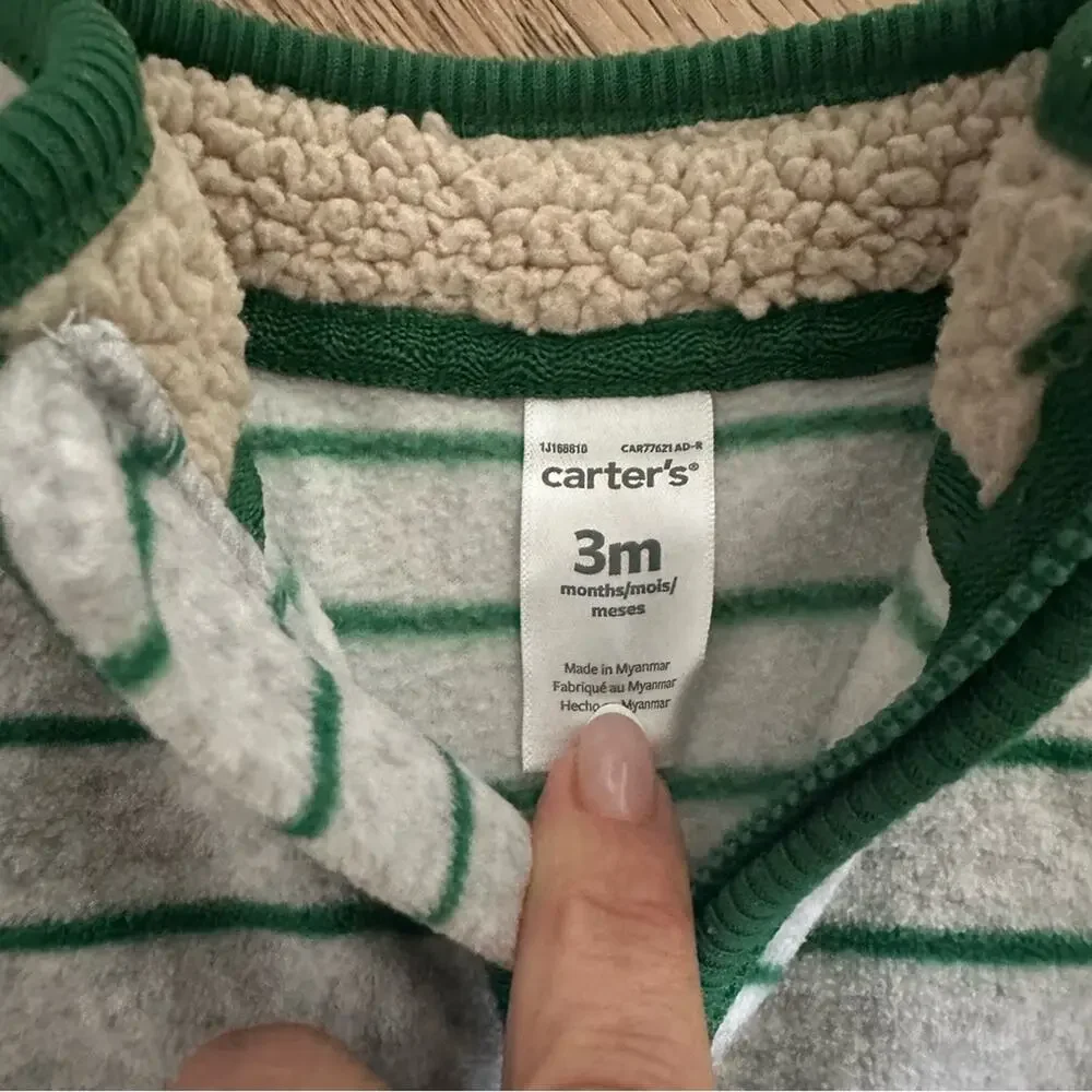 Carter's Long Sleeve Fleece Bodysuit Green and Gray 3 Months